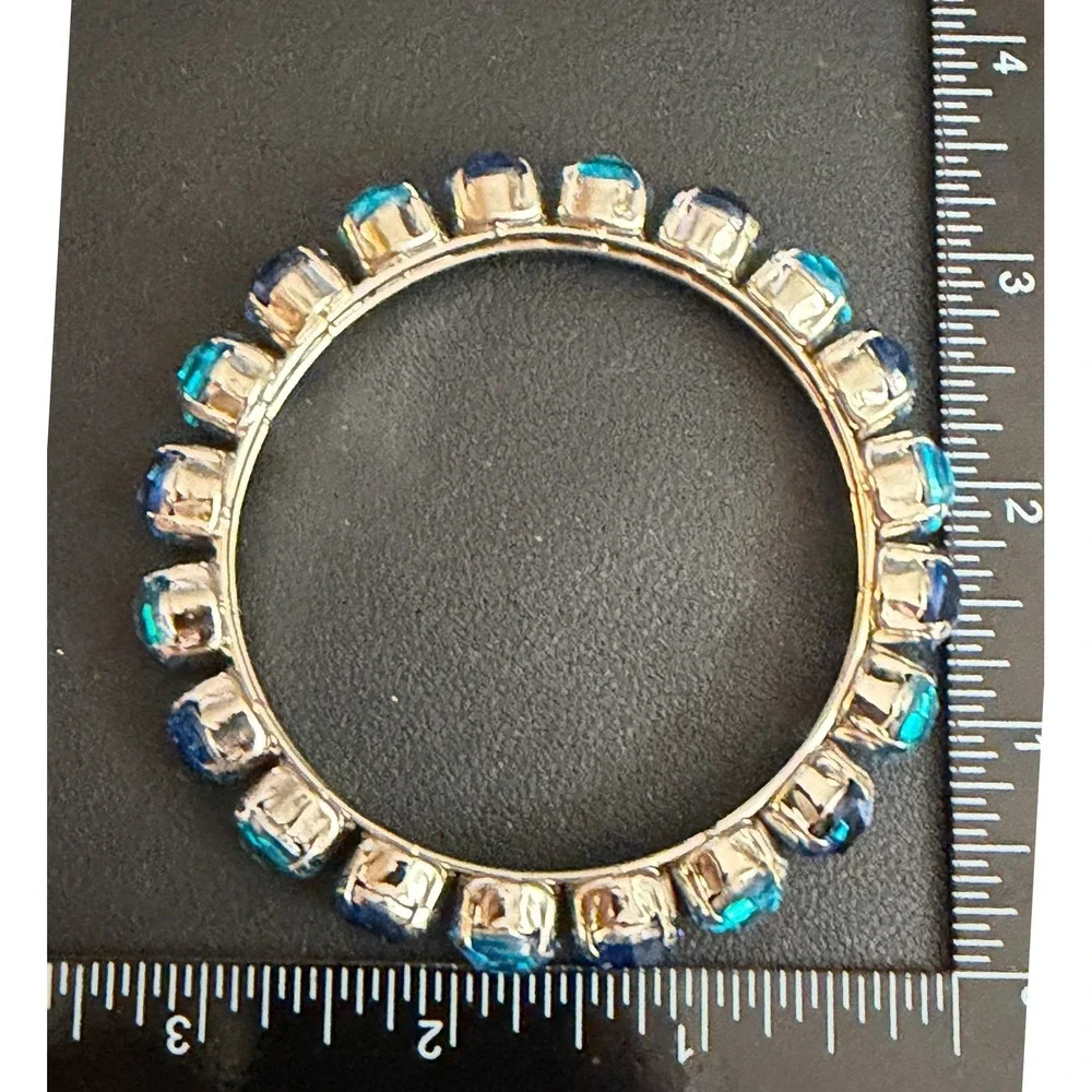 Rhinestone Bangle Bracelet Blue Teal Silver Tone Chunky